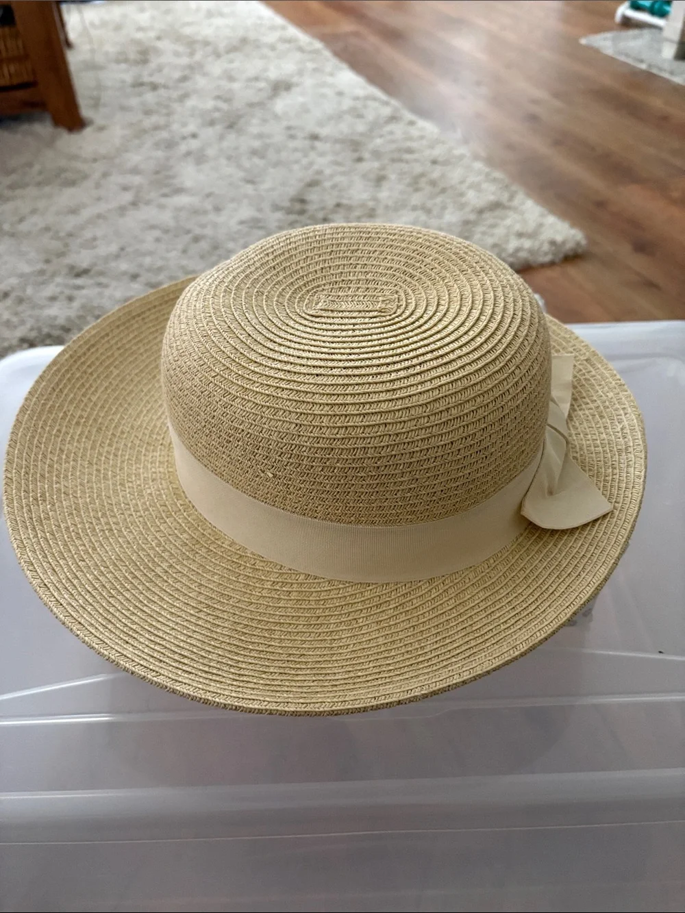Nine West Straw Sun Hat with Cream Ribbon Bow